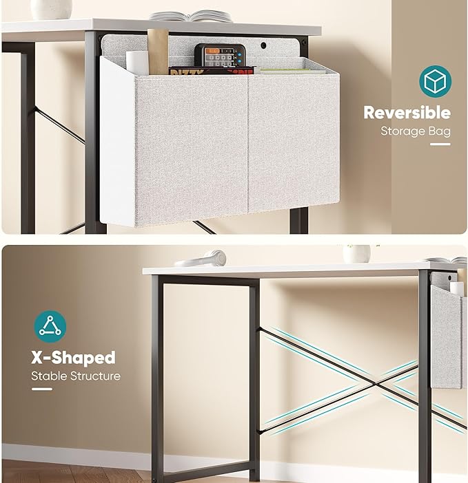 OLIXIS Computer Desk 40 Inch Home Office Desks for Small Spaces, Gaming Writing Study Work Table with Storage Bag and Headphone Hook for Bedroom, White