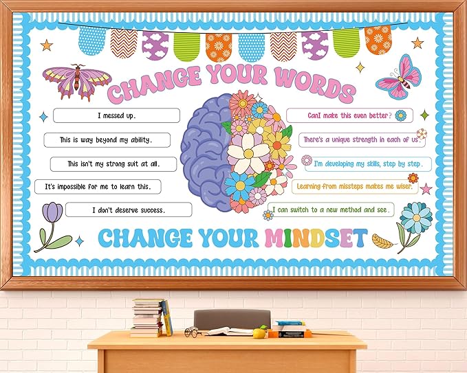 Growth Mindset Bulletin Board Set Flower Mental Health Classroom Decoration Spring Change Your Mindset Bulletin Board Butterfly Brain Positive Sayings Posters Cutouts for School Chalkboard Wall Decor