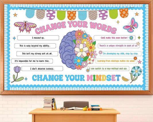 Growth Mindset Bulletin Board Set Flower Mental Health Classroom Decoration Spring Change Your Mindset Bulletin Board Butterfly Brain Positive Sayings Posters Cutouts for School Chalkboard Wall Decor