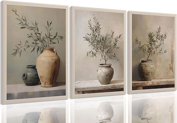 3Pcs Vintage Vase Canvas Wall Art Green Rustic Olive Branch Wall Decor Pictures Antique Still Life Plant Posters Paintings Prints for Bedroom Living Room Kitchen Artwork Home Decoration Unframed