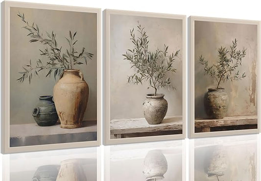 3Pcs Vintage Vase Canvas Wall Art Green Rustic Olive Branch Wall Decor Pictures Antique Still Life Plant Posters Paintings Prints for Bedroom Living Room Kitchen Artwork Home Decoration Unframed