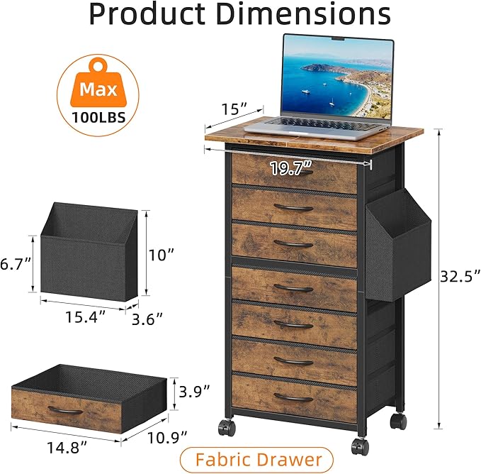 7 Fabric Drawers File Cabinet with Side Pocket, Rolling Printer Stand with Storage for Home Office, Wood Top Storage Cabinet for Documents and Crafts, Rustic Brown, 15" D