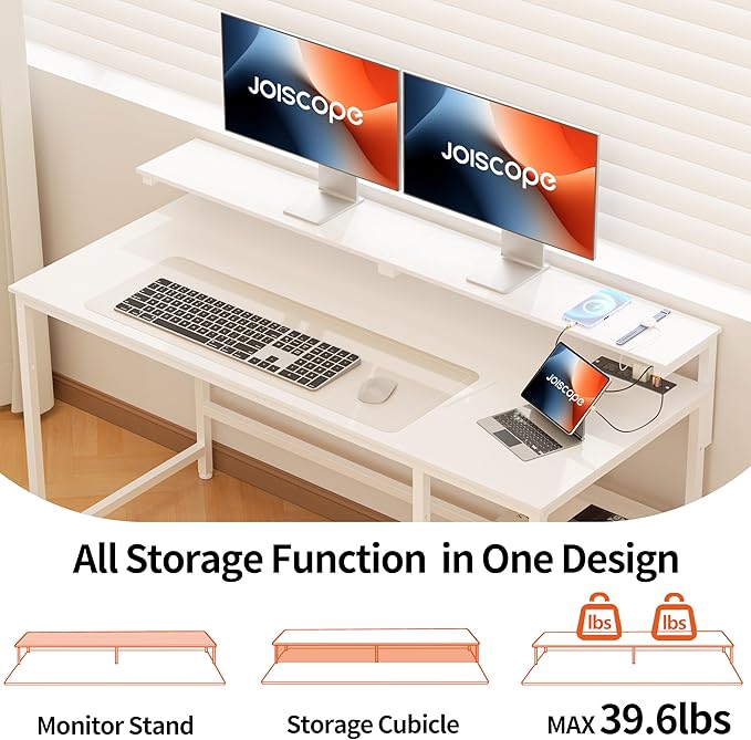 JOISCOPE Home Office Desk with Power Outlets (3AC, USB, Type-C), 55 × 20 Inch Computer Desk with Reversible Shelves, Laptop Table with Display Riser, Gaming Study Drafting Table for Bedroom, White