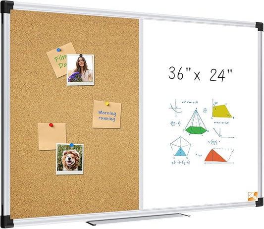 XBoard Magnetic White Board and Bulletin Corkboard Combination, 36 x 24 Inch Half Dry Erase & Cork Combo Board for wall with Aluminum Frame, 3' x 2' Notice Memo Board Tack Pin Board Vision Board