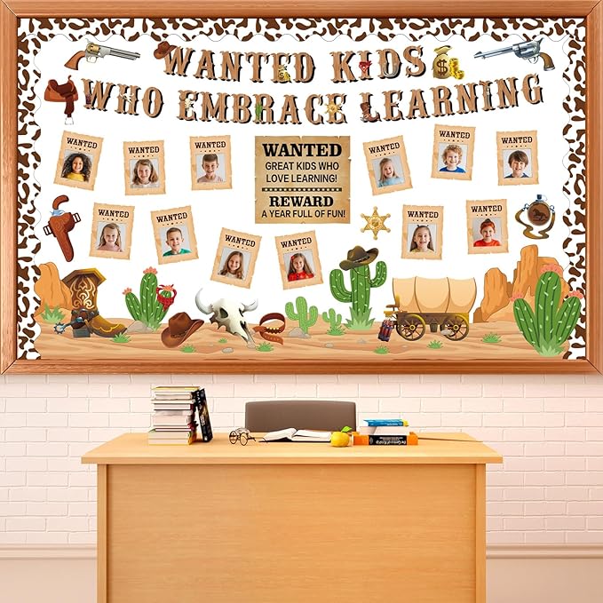 gisgfim Western Cowboy Bulletin Board Decorations Wanted Kids Who Embrace Learning Classroom Posters Paper Cutouts Bulletin Board Set for Teacher Student Back to School Chalkboard Party Decor Supplies