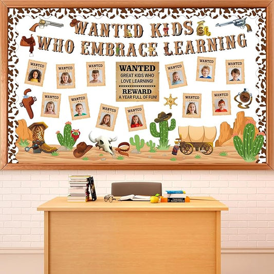 gisgfim Western Cowboy Bulletin Board Decorations Wanted Kids Who Embrace Learning Classroom Posters Paper Cutouts Bulletin Board Set for Teacher Student Back to School Chalkboard Party Decor Supplies
