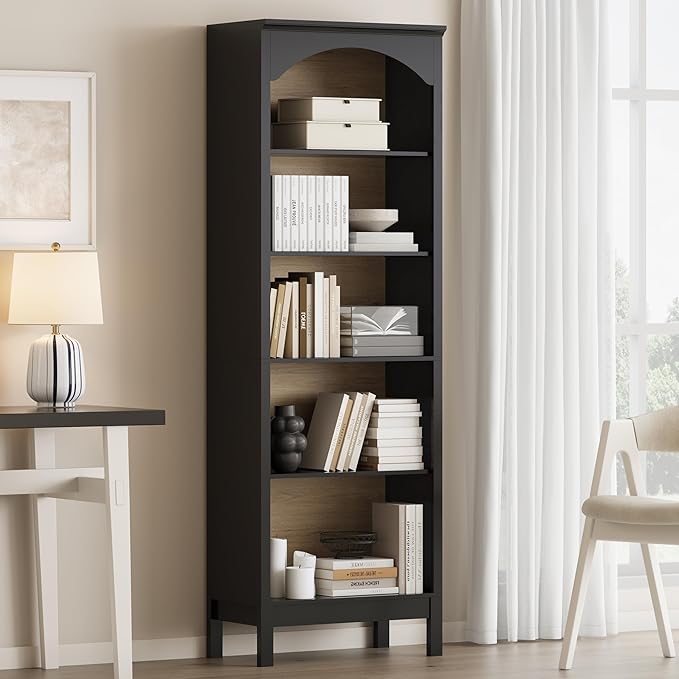 Arched Bookshelf with 5 Tier Open Shelves, 71" Tall Wood Bookcase with Adjustable Shelves, 24" Wide Floor Standing Display Storage Shelf for Home Office, Kitchen, Study and Living Room, Modern Black