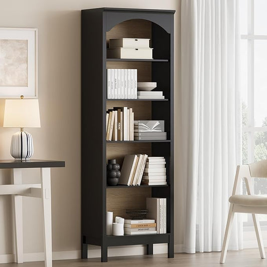 Arched Bookshelf with 5 Tier Open Shelves, 71" Tall Wood Bookcase with Adjustable Shelves, 24" Wide Floor Standing Display Storage Shelf for Home Office, Kitchen, Study and Living Room, Modern Black