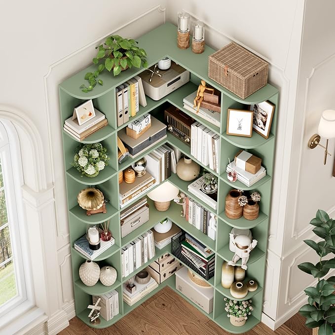 FOTOSOK 74” Tall Corner Bookshelf, 6-Tier Bookshelf and Bookcase with Open Storage, Tall Bookcases Wooden Storage Shelves for Home Office, Thickened Boards for Better Load Bearing, Green