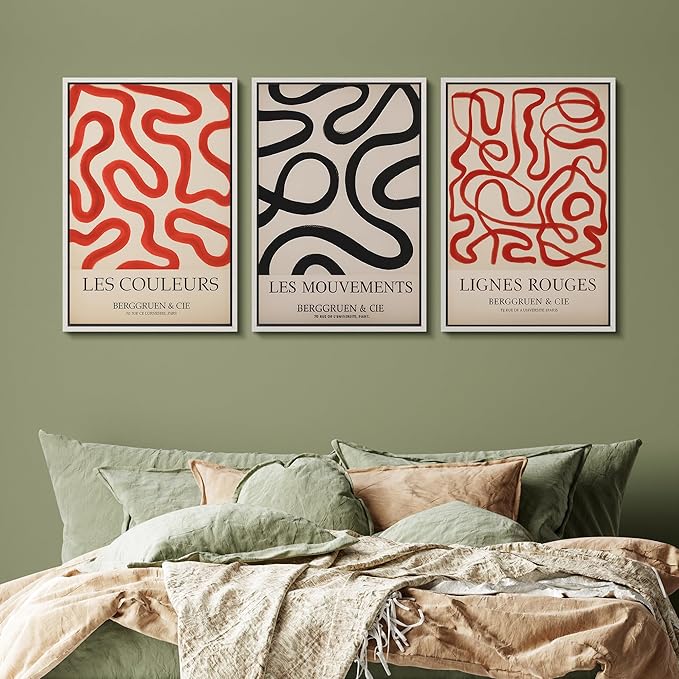 SIGNFORD Framed Wall Art Print Set French Modern Abstract Line Red and Black Curved Shapes Digital Art Modern Art Contemporary for Living Room, Bedroom, Office - 16"x24"x3 WHITE