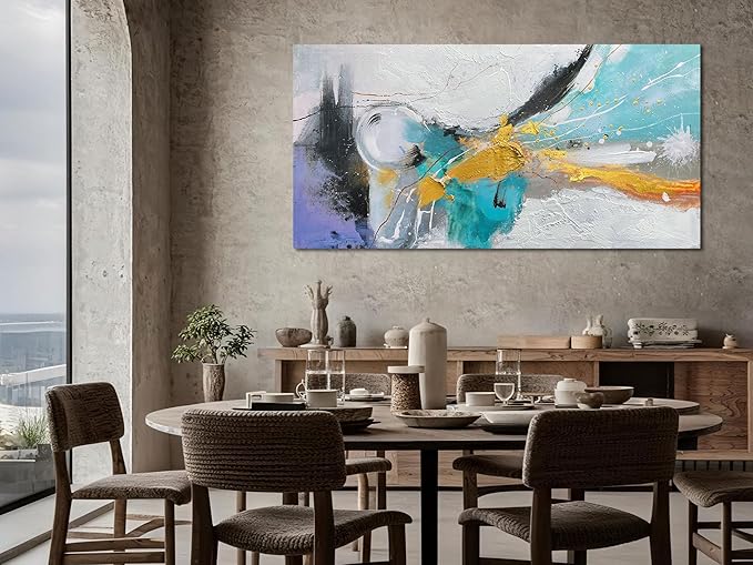 Arjun Large Abstract Wall Art Canvas for Living Room Black and White Painting for Mens Room Textured Hand Painted Modern Picture Bedroom Home Office Wall Decor, Framed 48"x24"