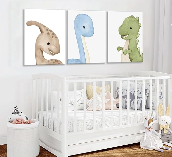 Dinosaur Wall Art Nursery Wall Decor Watercolor Dinosaur Posters Kids Room Canvas Funny Animals Prints neutral dino Pictures Boy Girl Nursery Bedroom Painting Ready to Hang Decorations Framed (Beige, 12x16in canvas)