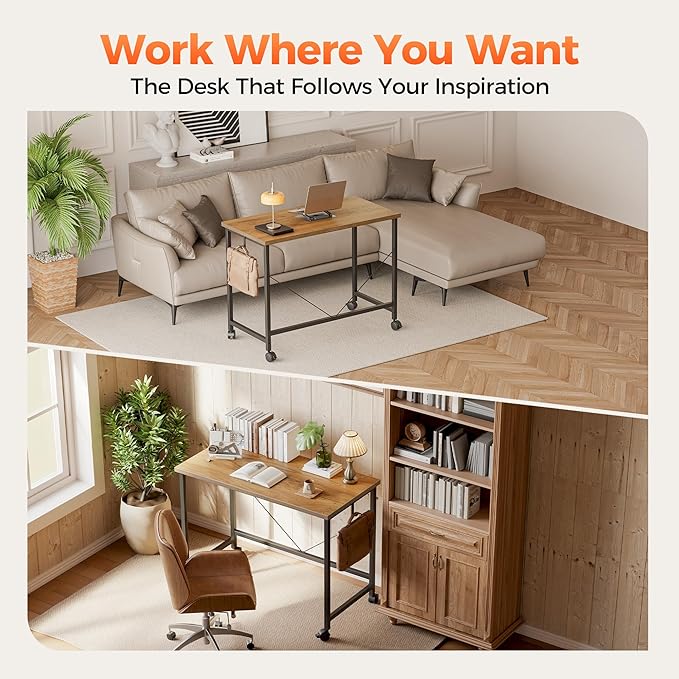 Mericonia 48 inch Rolling Computer Desk with Wheels, Gaming Desk for Small Spaces, Modern Simple Style Table for Home Office, Study Writing Table