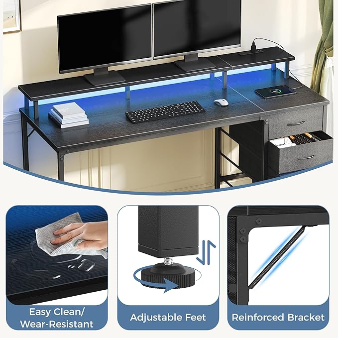 DUMOS Computer Desk with 4 Drawers,4 Drawer Gaming Desk with with Power Outlets and LED Lights,Office Desk for Small Spaces with Monitor Shelf,Writing Desk for Home Office, Bedroom,Study 39 Inch Black