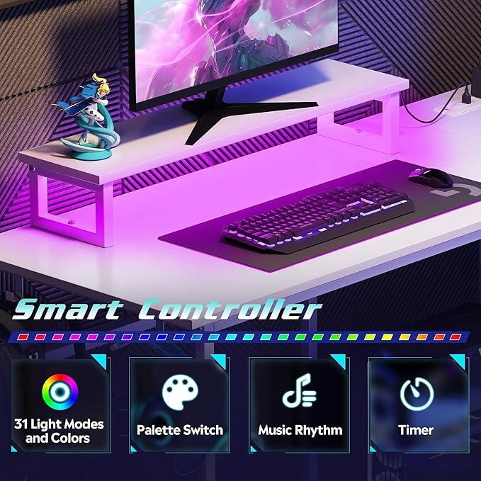 DEVAISE 47 Inch L Shaped Gaming Desk with LED Lights & Power Outlets, Corner Desk for Small Spaces, Sturdy PC Computer Table with Storage for Home Office, White