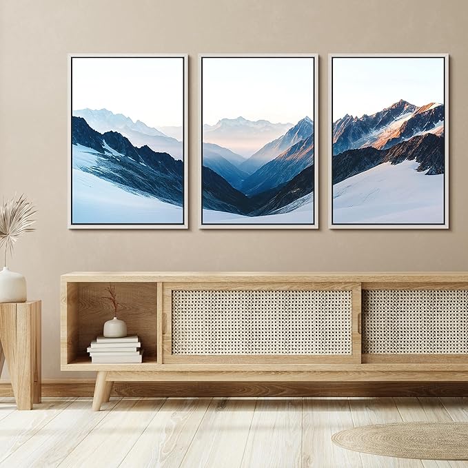 SIGNFORD Framed Wall Art Print Set Snowy Mountain Valley Majestic Winter Alpine Scene Digital Art Modern Art Contemporary for Living Room, Bedroom, Office - 16"x24"x3 White