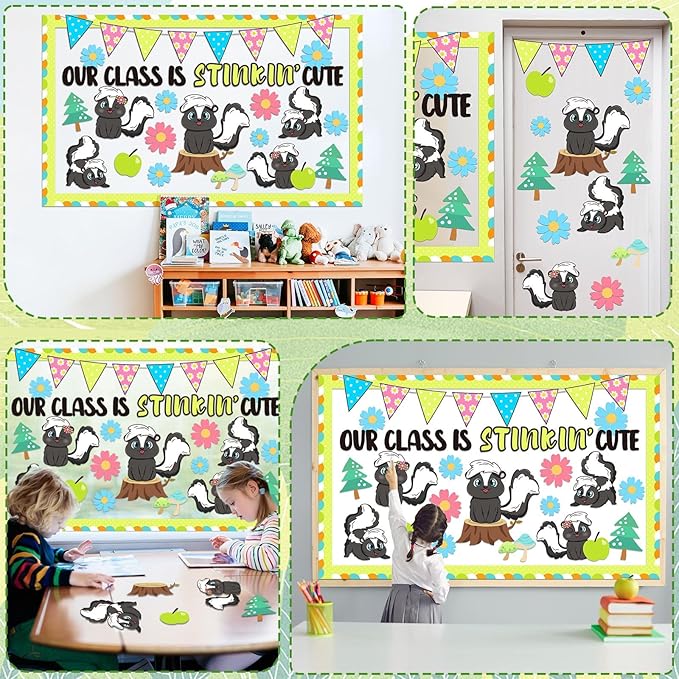 Skunk Bulletin Board Set Animal Themed Classroom Welcome Bulletin Board Decorations Woodland Forest Flower Cutouts Classroom Decoration for Back to School Office Home Chalkboard Decor Wall Door