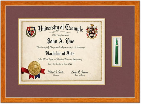 Diploma and Tassel Frame Fits 17 x 13 International Diploma with Tassel Hook Honey Oak Genuine Hardwood Shadowbox with Dark Red Over Metallic Gold Double mat