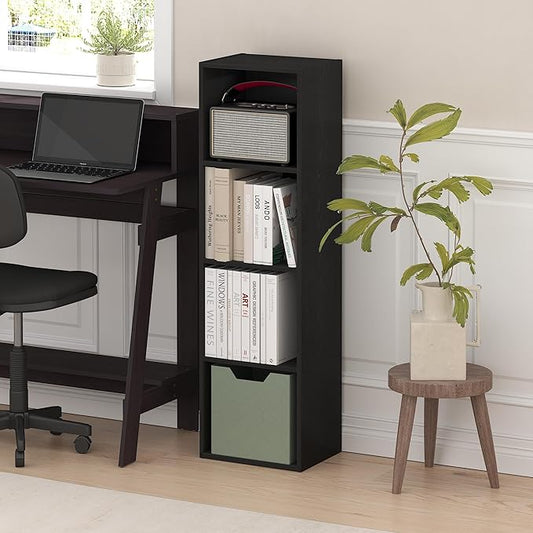 Furinno PASIR Book Shelf, 4-Tier Bookcase, Modern Standing Bookshelf, Open Storage Shelf, 9 x 12 x 42 Inches, for Home Office, Living Room, Darkwood