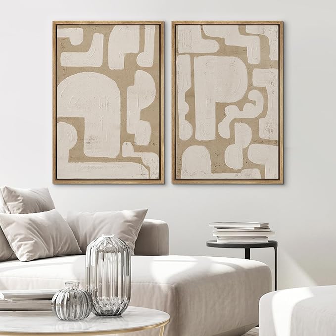 SIGNWIN Framed Canvas Print Wall Art Set Sophisticated Abstract Network Beige Interlaced Lines on White Illustrations Modern Art Minimal Relax for Living Room, Bedroom, Office - 16"x24"x2 Natural