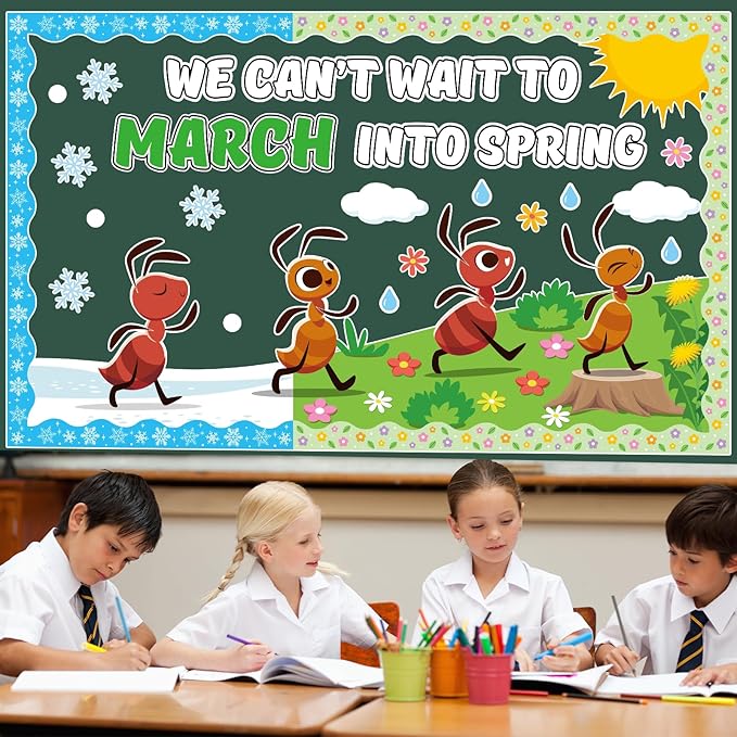 Spring Ant Bulletin Board Set March into Spring Classroom Decoration Colorful Flowers Ant Bulletin Board Springs Ants Paper Cutouts for Back to School Classroom Chalkboard Wall Decor