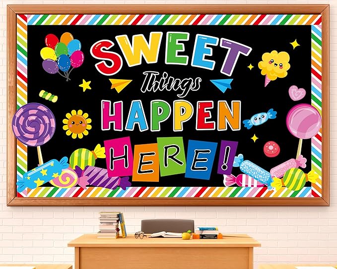 gisgfim Sweet Candy Things Happen Here Bulletin Board Decorations Back to School Colorful Paper Cutouts Sweet Candy Bulletin Board Set for Kindergarten Preschool Elementary Wall Decor Supplies