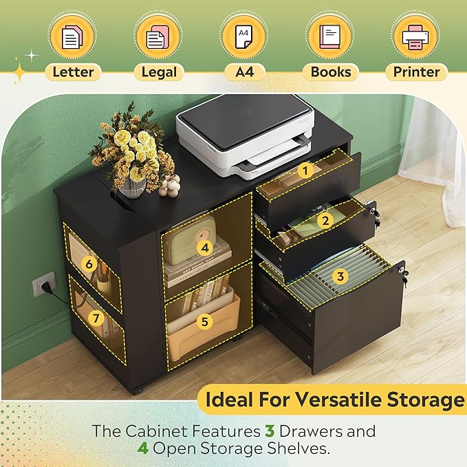 DEVAISE File Cabinet with Lock, 3 Drawer Rolling Mobile Lateral Filing Cabinets with Charging Station Printer Stand with Open Storage Shelves Fits A4 or Letter Size for Home Office Black
