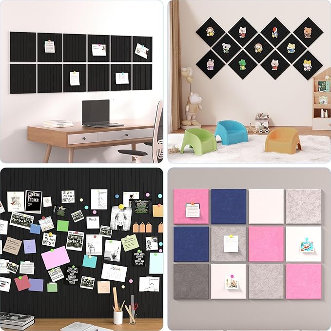 Large Cork Boards for Walls – 48 x 36 Self Adhesive Felt Wall Tiles, Ideal for Office Black Bulletin Board, Easy to Install Pin Board Photo Board Dart Board Wall Protectors