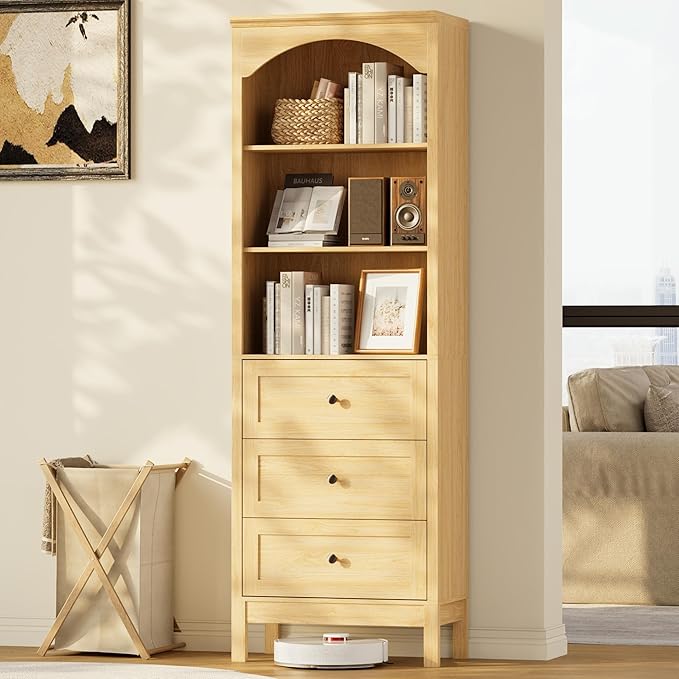71" H Tall Bookshelf with Drawers, Farmhouse Book Shelf with 3-Tier Open Shelves, Wooden Bookcase with Storage Drawers, Freestanding Bookshelves for Bedroom, Living Room, Natural Wood