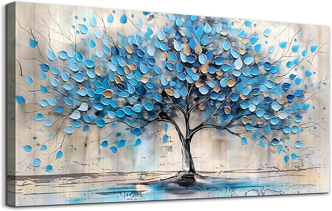 Lapremoly Textured Abstract Wall Pictures Artwork Large Wall Decor For Living Room Framed Canvas Wall Art For Bedroom Office Decor Blue Tree Paintings Panoramic Landscape Prints Home Decor 48"X24"