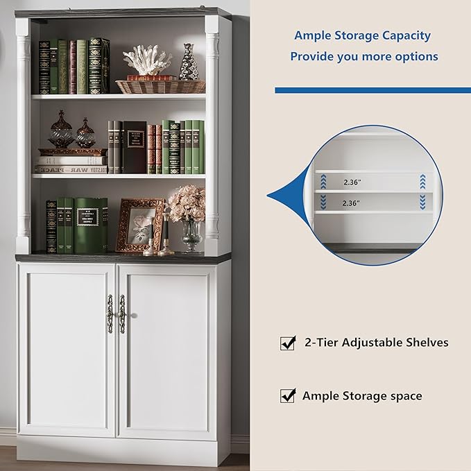 Bookshelf with Doors, 71" Tall Wood Book Shelf with Cabinet, 24" Wide Bookcase with Adjustable Shelf, Floor Standing Display Storage Cabinet for Home Office, Study and Living Room, Antique White
