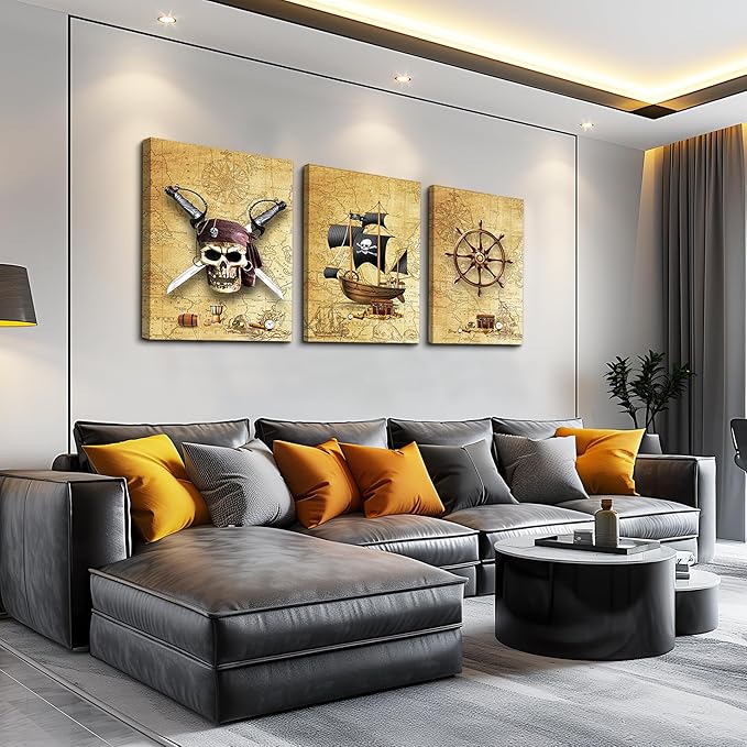 Pirate ship and rudders Canvas Wall Art for Living Room Bedroom Decoration wall painting,Bathroom Wall Decor Home Decoration kitchen posters artwork，Adventure map decoration 16x12 inch/ 3 piece set