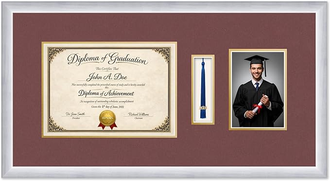 Diploma Tassel and Photo Frame Stainless Silver Shadowbox Dark Red Over Gold Mat - Fits 11.69 x 8.27 Degree Picture Made in the USA