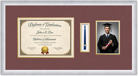 Diploma Tassel and Photo Frame Stainless Silver Shadowbox Dark Red Over Gold Mat - Fits 11.69 x 8.27 Degree Picture Made in the USA