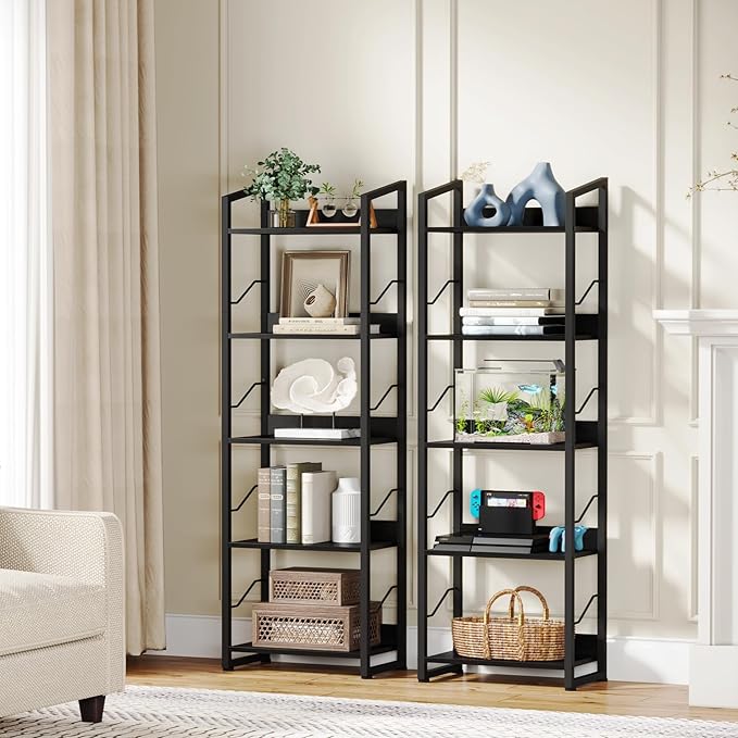 Hosfais 5 Tier Tall Bookshelf: Industrial Wood Book Shelf with Edge Protection Metal Narrow Bookshelf Bookcase Storage Organizer Display Rack for Living Room Home Office (Black)