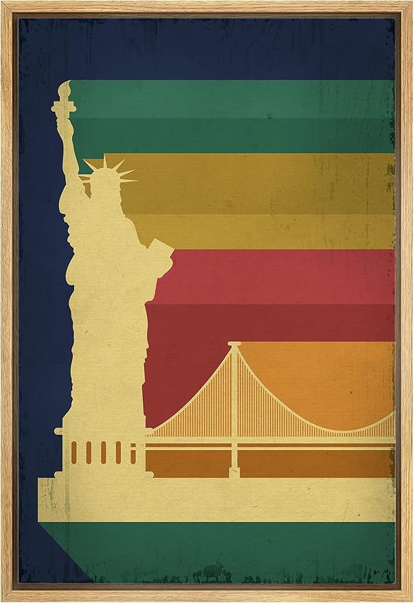 IDEA4WALL Framed Canvas Print Wall Art Retro Vintage Rainbow Statue of Liberty Poster Cultural Building Illustrations Modern Art Contemporary Scenic for Living Room, Bedroom, Office - 24"x36" NATURAL