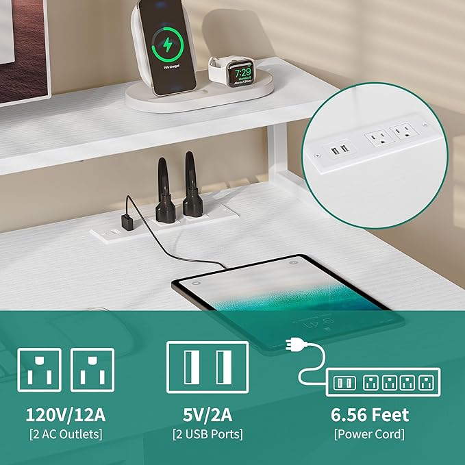 YITAHOME Computer Desk with Drawers, 47.2" Office Desk with Power Outlets & LED Light, Home Office Desk with Storage Shelves, White