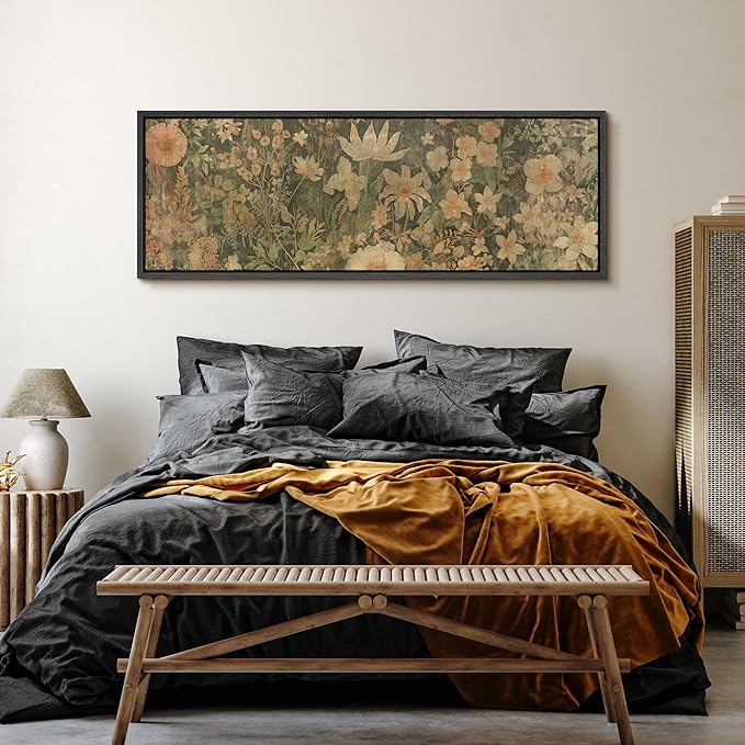 SIGNFORD Large Framed Canvas Botanical Garden in Muted Earth Tones Vintage Floral Illustrations Modern Art Calm Warm for Living Room, Bedroom, Office - 60"x20"