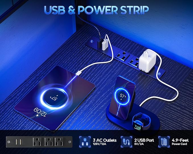 MOTPK 51” Large L Shaped Gaming Desk, Corner Computer Table with Shelf & Hutch, 4 Drawers, Reversible Study Desk with LED Light, Power Outlets & USB Ports, Home Office Table, Black