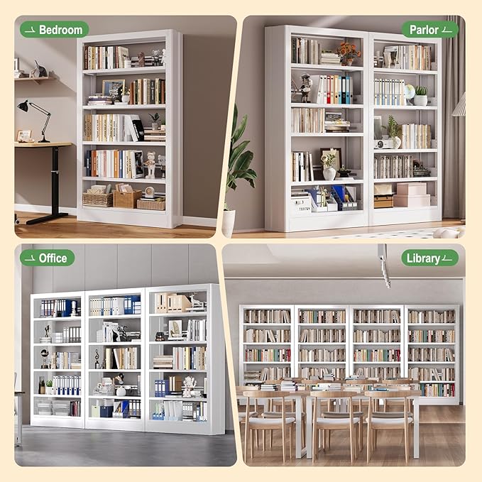 Metal Bookshelf, 5-Tier Bookcase with Adjustable Storage Shelf, 71" Tall Bookcases Heavy Duty bookcase with Bookends, Modern Bookshelf for Living Room, Library, Bedroom,Includes Book Stoppers-White