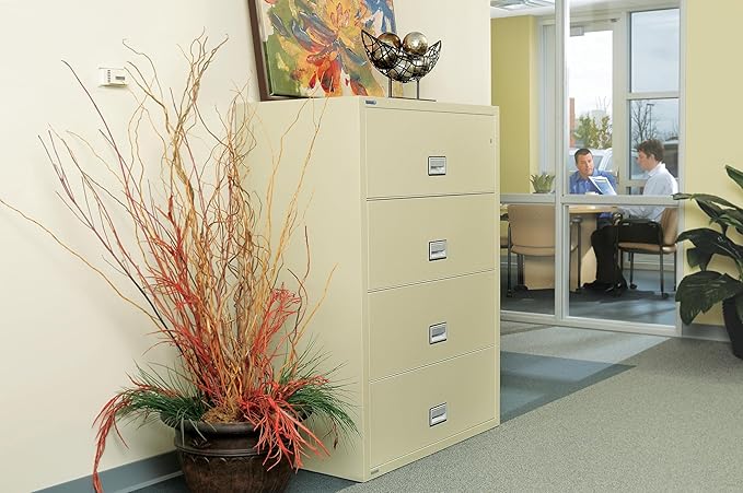44 inch Wide 4-Drawer Lateral Fireproof File Cabinet – Legal and Letter Size Filing – Key Lock – Water Resistant – Fire Safe and Impact Rated – Putty Finish – Model LAT4W44P