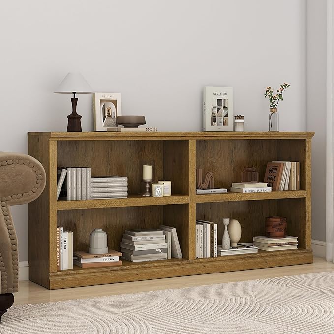 Double Wide Open Shelf Bookcase - 2 Tiers 4 Storage Cube Adjustable Space Book Case, Display Cabinet Organizer with Bookshelf, 64.8 inch Width Indoor Furniture for Home Library Office, Vintage Oak
