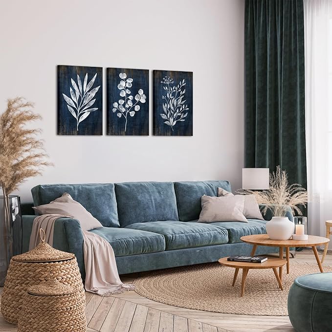 Conipit Navy Blue Botanical Painting Rustic Botanical Wall Art Canvas Abstract Blue White Leaf Plant Artwork Prints Framed For Living Room Bedroom Wall Decor 16''X24''X3pcs