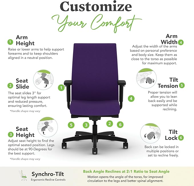 HON Ignition 2.0 Fabric Office Chair, Upholstered, Adjustable Arms, Advanced Synchro-Tilt Recline Executive Ergonomic Office Chair, Black Frame, Iris