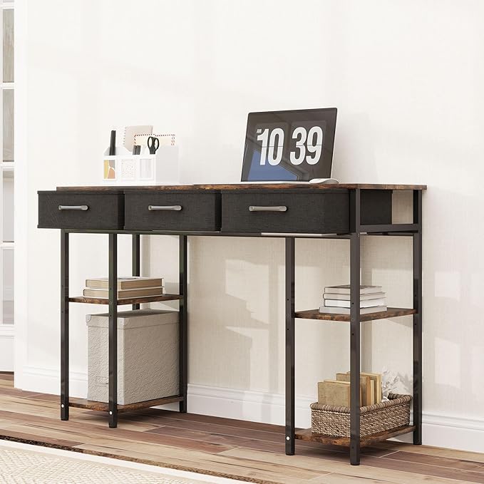 HOMCOM 47" Computer Desk with 3 Fabric Drawers, Home Office Desk with Adjustable Shelves, Small Writing Desk with Storage, Rustic Brown
