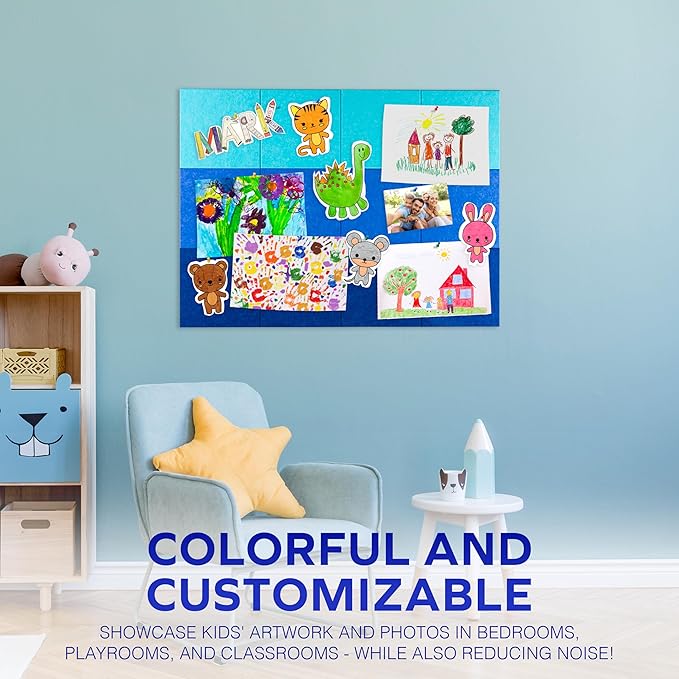 Bulletin Board 40x30in, 12 Count 9.8 x 9.8in Felt Wall Tiles with Removable Adhesive Tape, Cork Board Alternative for Walls, Kids Art Display, Colored Cork Board Tiles (Blue Ombre Collection)