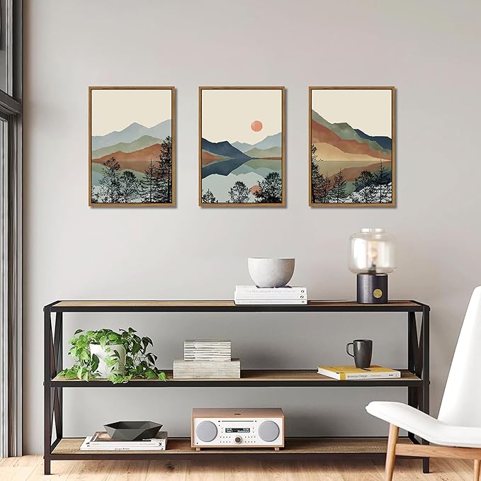 AKWISH Mountain Canvas Wall Art Set of 3, Boho Watercolor Poster Prints Paintings, Sun Forest Abstract Nature Landscape Artwork Wall Decor for Living Room, Bedroom, Office 16x24 In Brown Framed