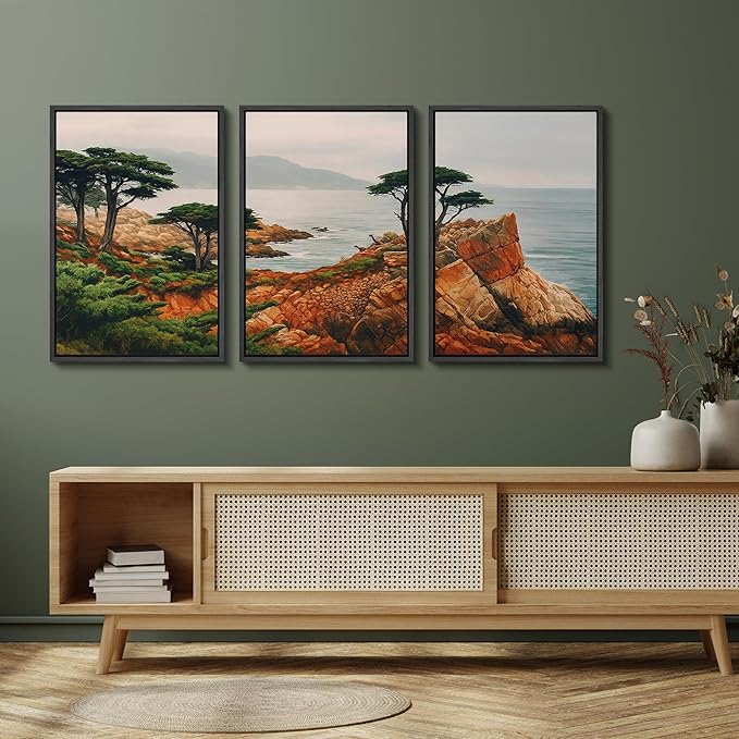 SIGNFORD Framed Wall Art Print Set Coastal Cypress and Rocky Shoreline Scenic Landscape Digital Art Modern Art Contemporary for Living Room, Bedroom, Office - 16"x24"x3 Black