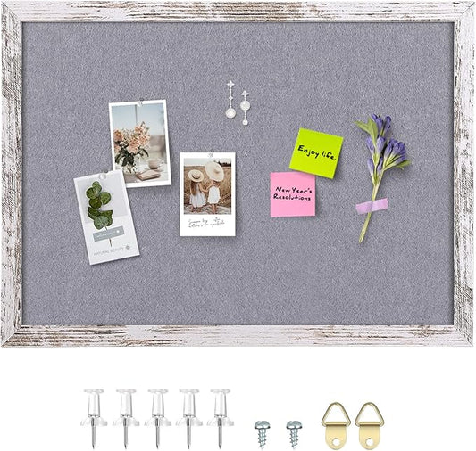 Gray Felt Bulletin Board, 29.5x19.7 inches Decorative Hanging Bulletin Boards for Walls with White Rustic Wood Frame, Pin Board Vision Board for Office Home School with Pins (5075,WH,1pc)