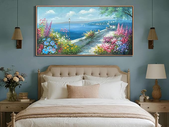 Arjun Blue Coastal Canvas Framed Wall Art for Living Room Ocean Landscape Painting Bedroom, Hand Painted Seascape Garden Flower Picture Artwork Large Home Office Wall Decor, 48"x24"
